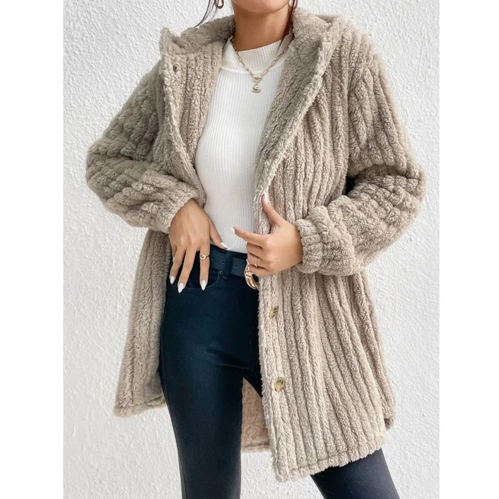 Khaki Button Front Hooded Teddy Coat - Picture 7 of 7